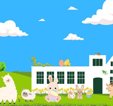 Cartoon style image of Rufford Abbey with llamas, rabbits, goats and horses.
