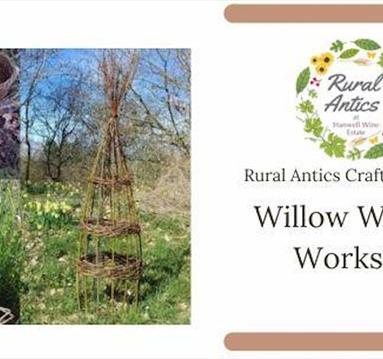 Graphic for the workshop including title and photo of willow weaving projects.