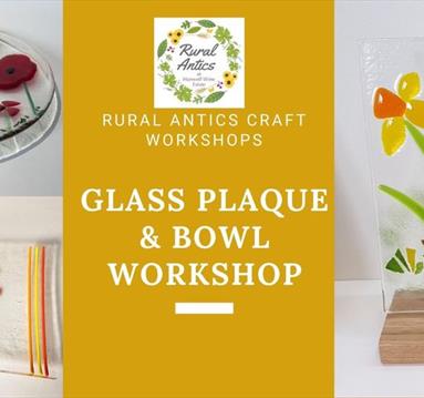 Event graphic including the name of the event and some example glass pieces to either side.