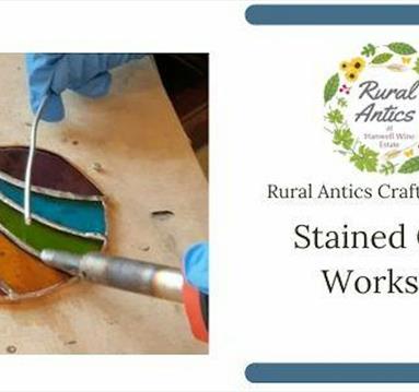 Graphic for the workshop including the title for the workshop and a photo of a stained glass craft being made.