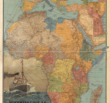 Illustartion of an old map showing the conteinents of Europe and Africa.