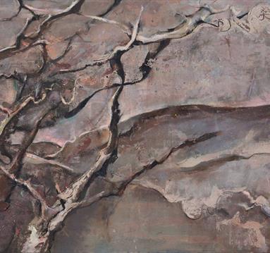 Photo of a piece by Effie Burns, showing trees against rocks.