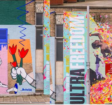 Image of two murals spray painted on to Nottingham buildings