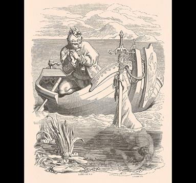 Image shows a picture of a man rowing a boat, there is a sword being held out of the water by a hand.