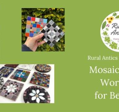 Graphic for the workshop including the title of the event and photos of mosaic coasters
