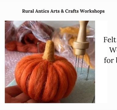 The image shows a felt pumpkin which has been handmade.