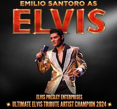 Emilio Santoro as Elvis on stage with microphone in hand