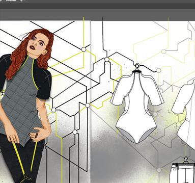 Image shows a woman with clothes which have been custom made on Adobe Illustrator