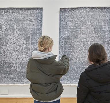 Photo of two people looking at the exhibition