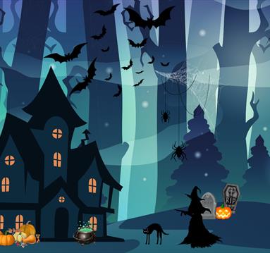 Cartoon graphic of a witch in a spooky forest approaching a haunted house