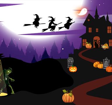 Cartoon graphic of witches flying over a haunted house