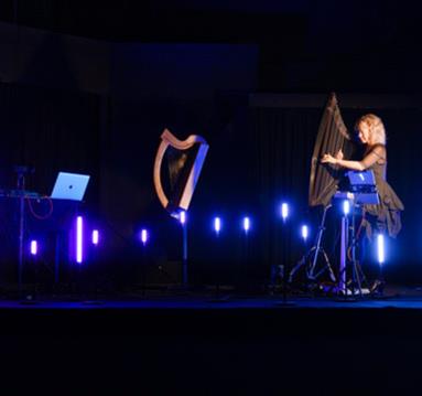 Photograph of harpists on stage.