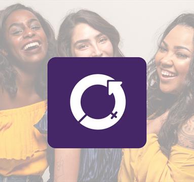 A photo of women smiling and laughing. In the foreground there is a logo.
