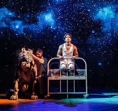 Production shot showing the actor and puppets on stage