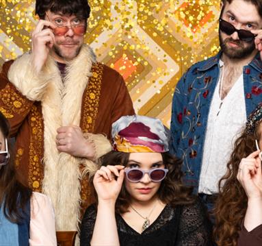 Event poster with five people wearing colourful clothing and sunglasses