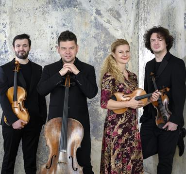 The image shows the members of the Pavel Haas Quartet.