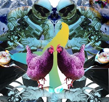 A funky graphic including an astronaught and a chicken.