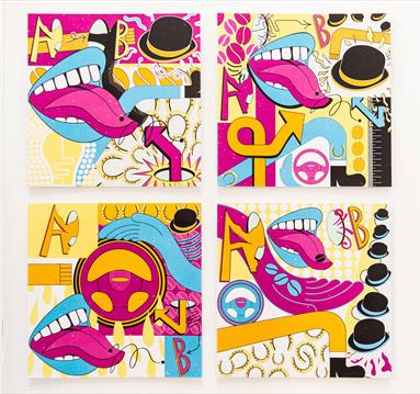 Graphic design work with arrows, mouths and bright colours