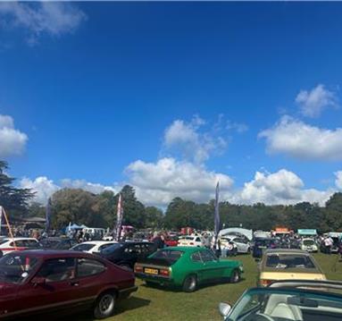 Classic cars assembled on sunny bank holiday afternoon at Thoresby