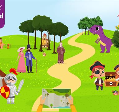 Cartoon style image showing various historical characters within Rufford Park.