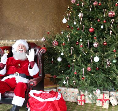 Photo of a jolly Santa sitting in a leather armchair, next to a Christmas tree
