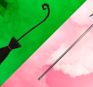 Image divided into two with witch's broom on left and a wand on the right.