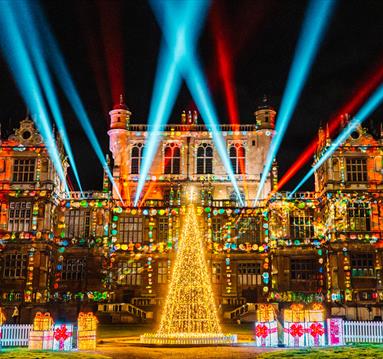 Wollaton Hall lit up in festive lights