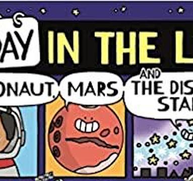 Cartoon astronaut, mars and stars on book cover