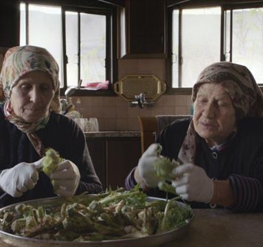 Photo of a still from the film, showing two women preparing vegetables at a kitchen table