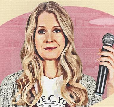 Graphic of Lucy Beaumont holding a microphone, looking at the camera