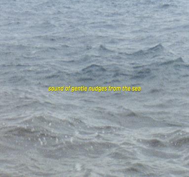 Photo of the sea with yellow text over it. it reads: sound of gentle nudges from the sea