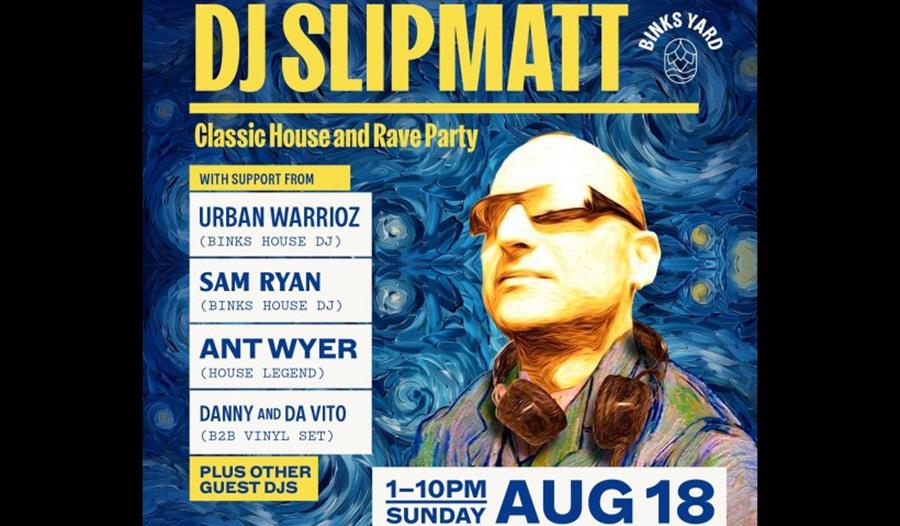 Graphic for the event including title, support names and a headshot of DJ Slipmatt