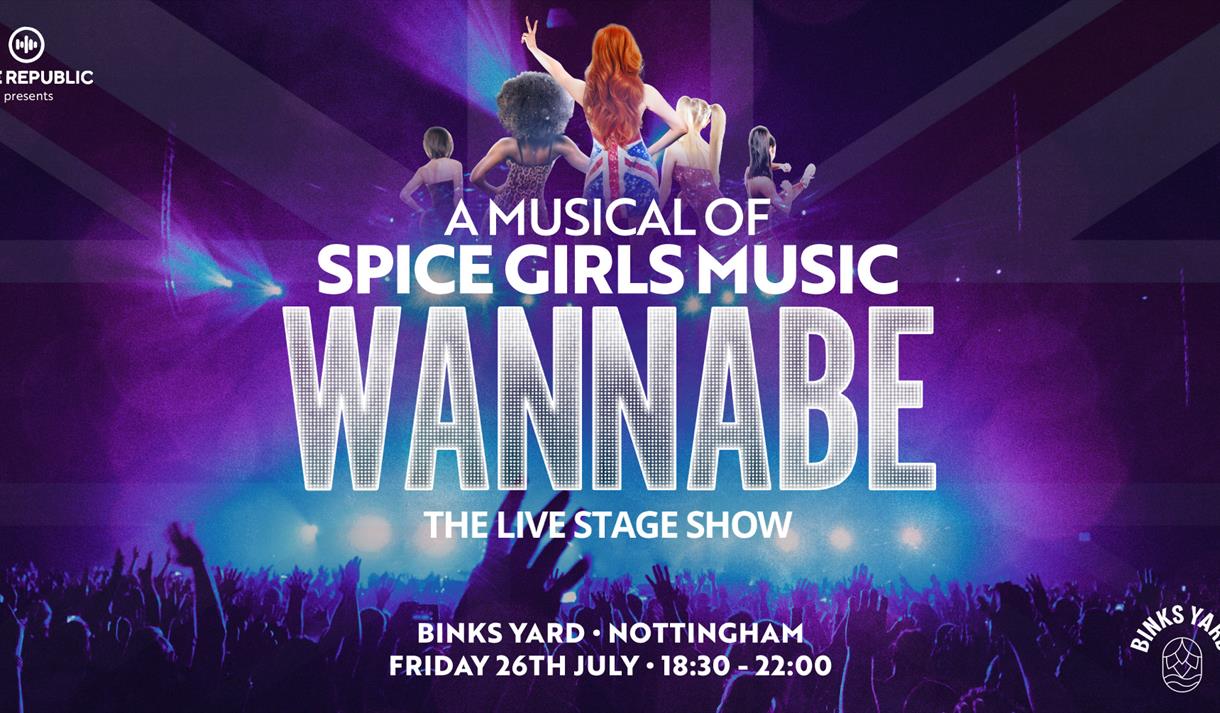 Graphic of the spice girls facing an arena full of people
