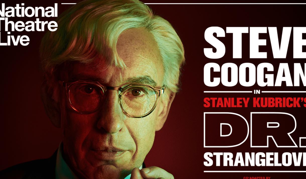 Part of promo image for Dr Stangelove play showing Dr Strangelove played by Steve Coogan