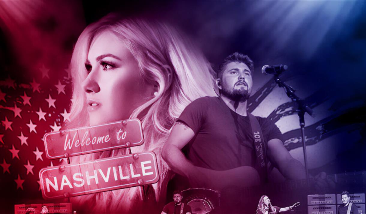 Graphic with a woman and a man featuring in front of an American flag, wit a 'Welcome to Nashville' sign