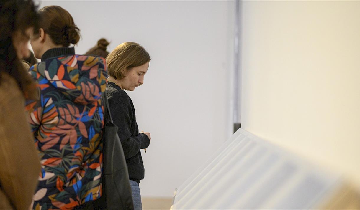 woman looking at an art exhibition