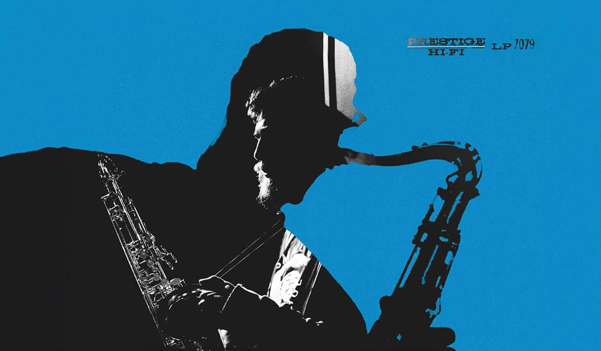 Graphic of a silhouette playing a saxophone against a blue background.