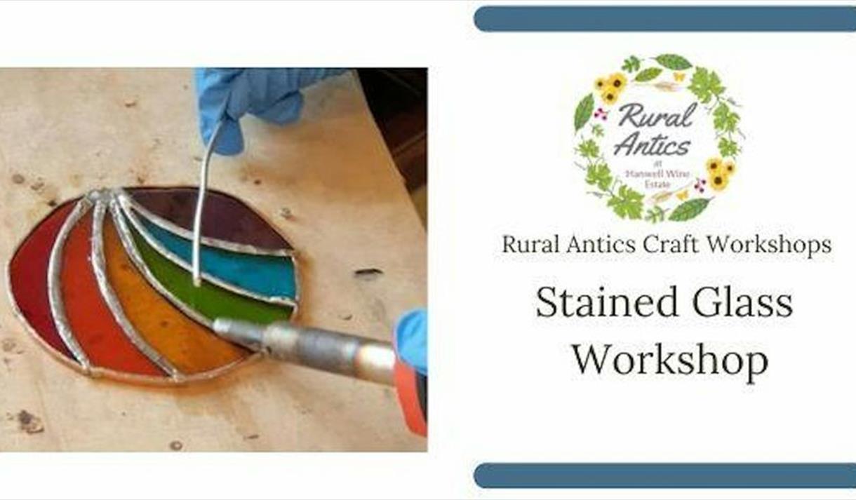 Graphic for the workshop including the title for the workshop and a photo of a stained glass craft being made.