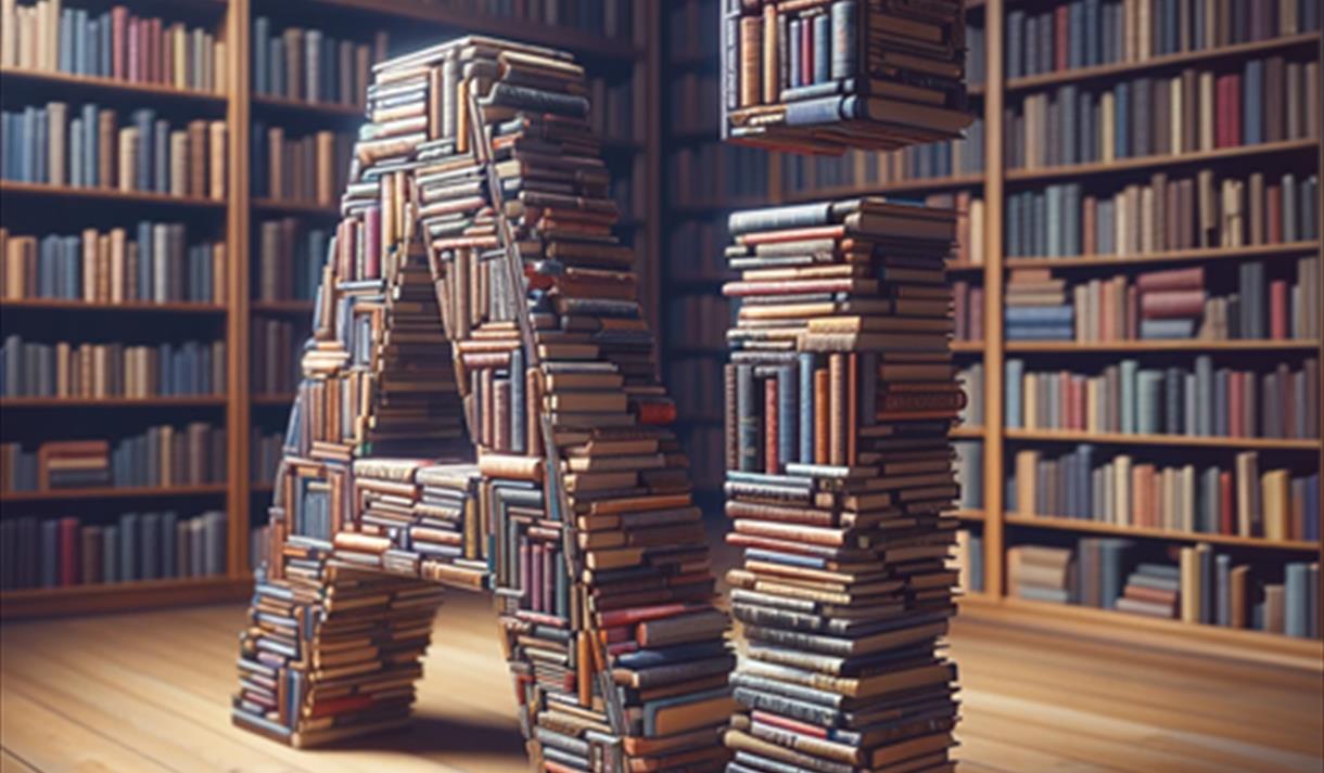 An AI generated image of the letters 'AI' amde out of books standing in front of a bookcase.