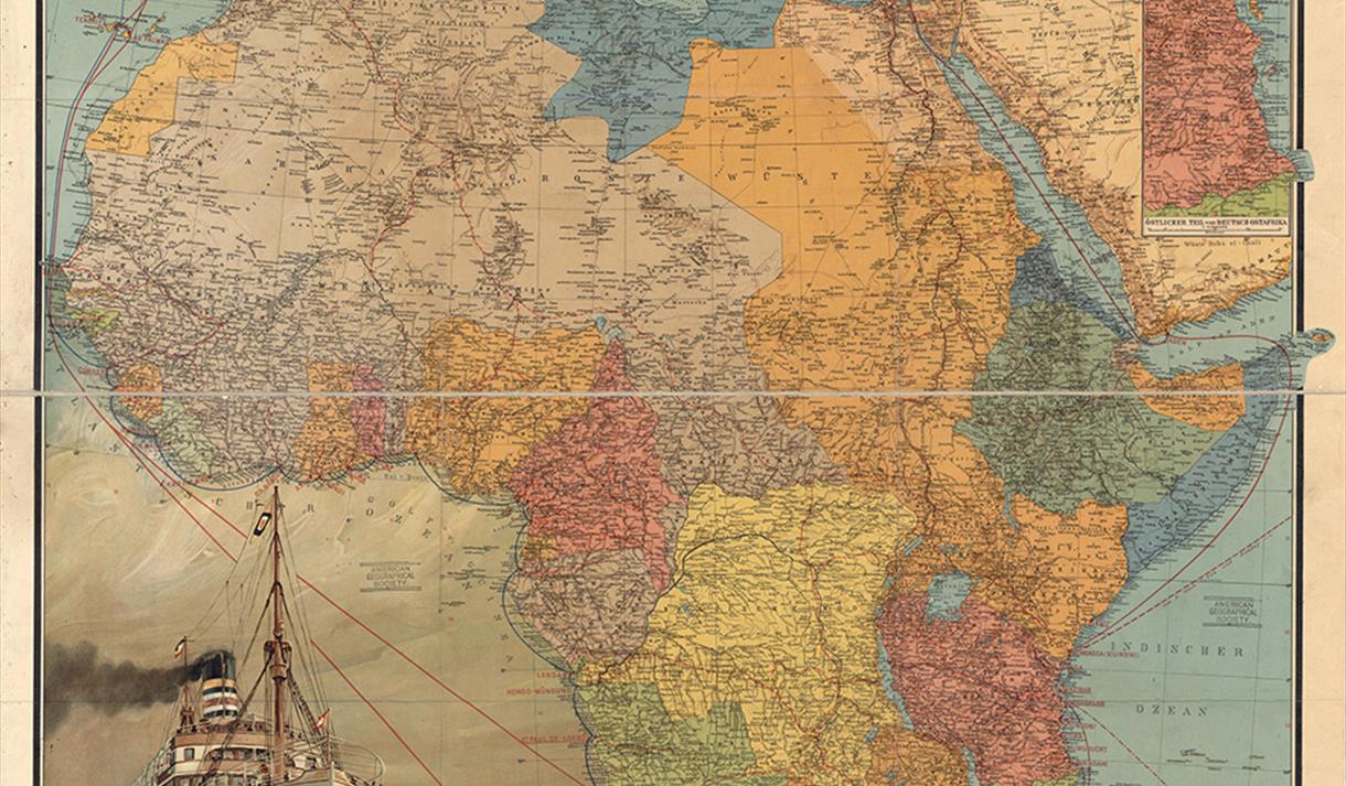 Illustartion of an old map showing the conteinents of Europe and Africa.