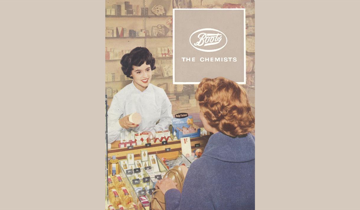 Archival poster of a Boots worker behind a counter.