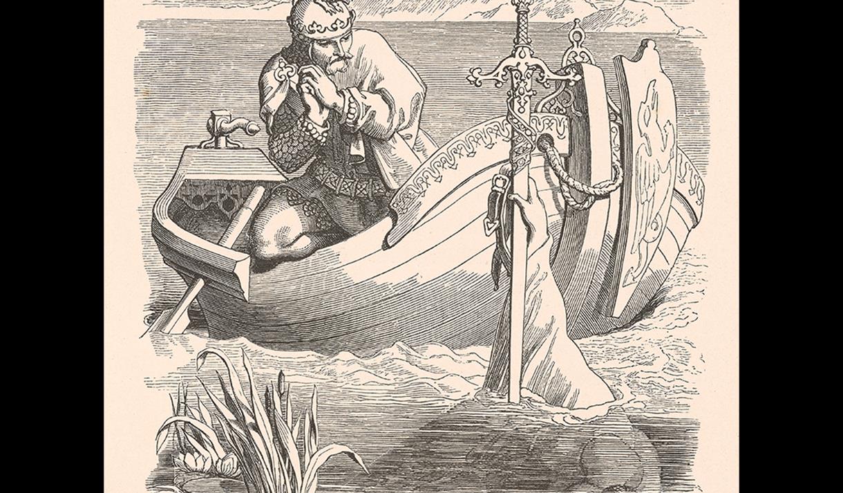 Image shows a picture of a man rowing a boat, there is a sword being held out of the water by a hand.