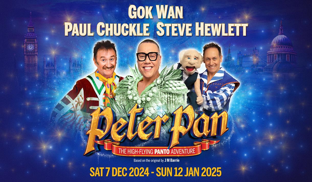 Graphic of the Panto with the floating heads of Gok Wan, Paul Chuckle and Steve Hewlett