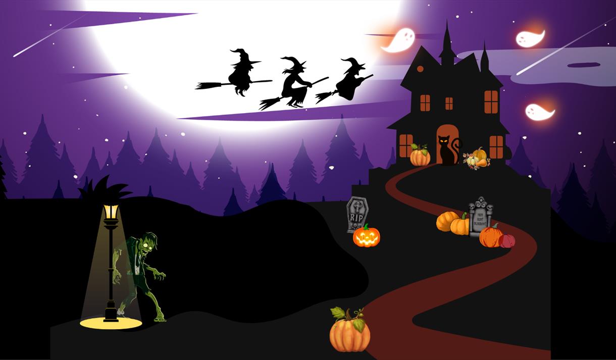 Cartoon graphic of witches flying over a haunted house