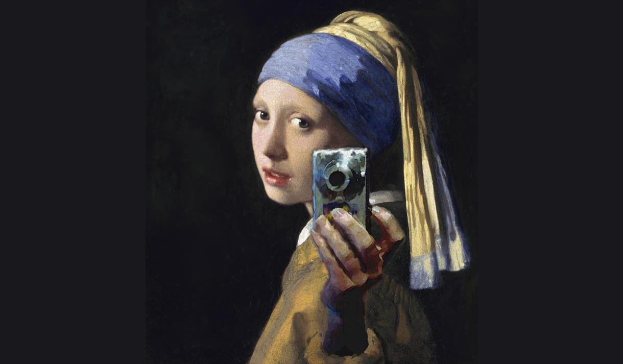 Graphic of the girl with pearl earring taking a photo with a digital camera