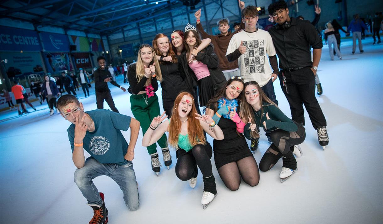 Photo of a group of teenagers at a disco party at the National Ice Centre