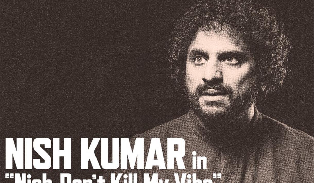 Black and white graphic of Nish Kumar