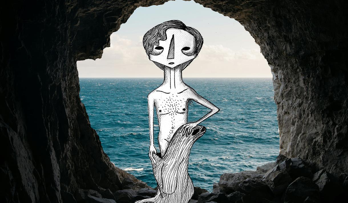 Graphic showing a sea cave with a cartoon figure at the mouth