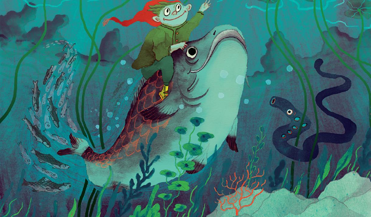 Illustrated graphic showing a small figure riding a fish underwater