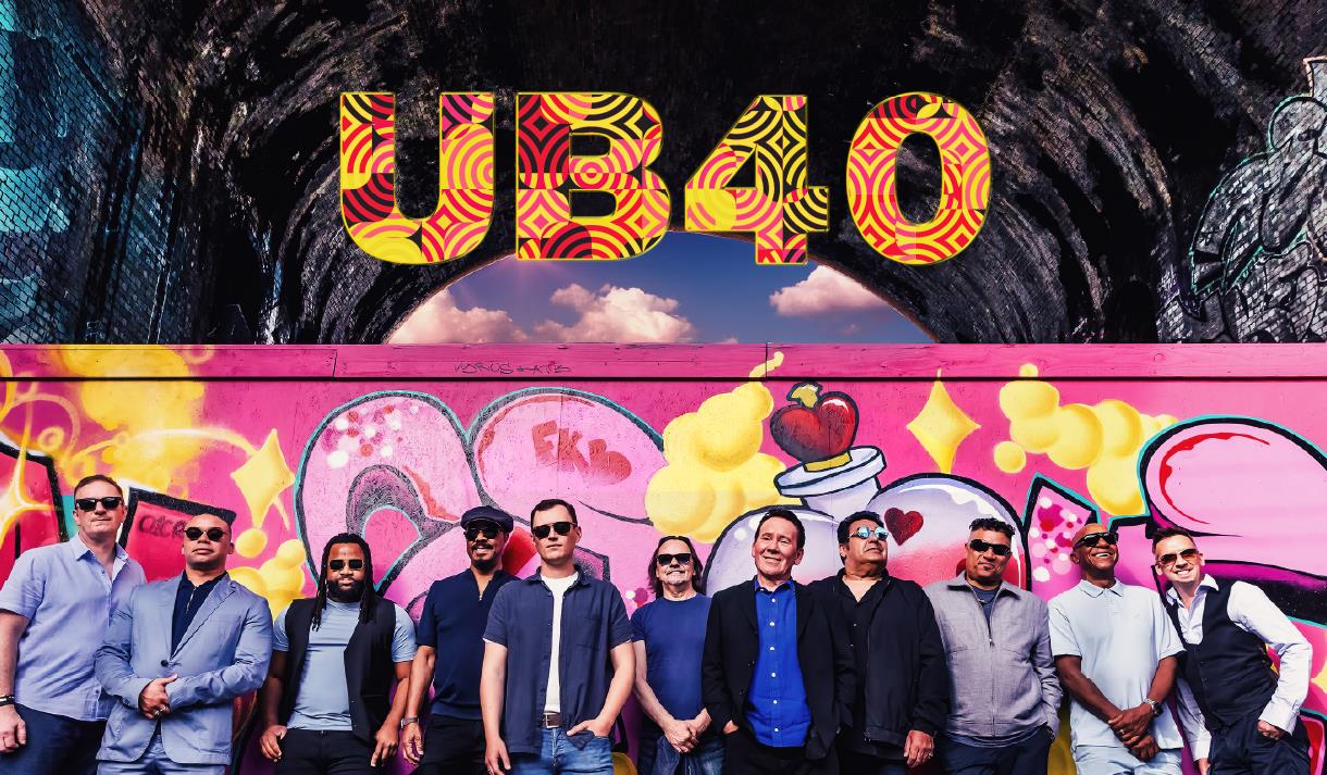 Event poster featuring band members standing in front of a pink wall with graffiti